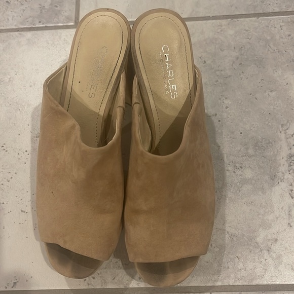 Charles David 7.5 4 inch heels. Peep toe. Slip in clogs. Tan. Stacked. - Picture 4 of 4